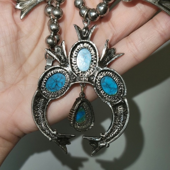 Vintage Faux Turquoise Squash Blossom Necklace & Earring Set - Picture 6 of 10